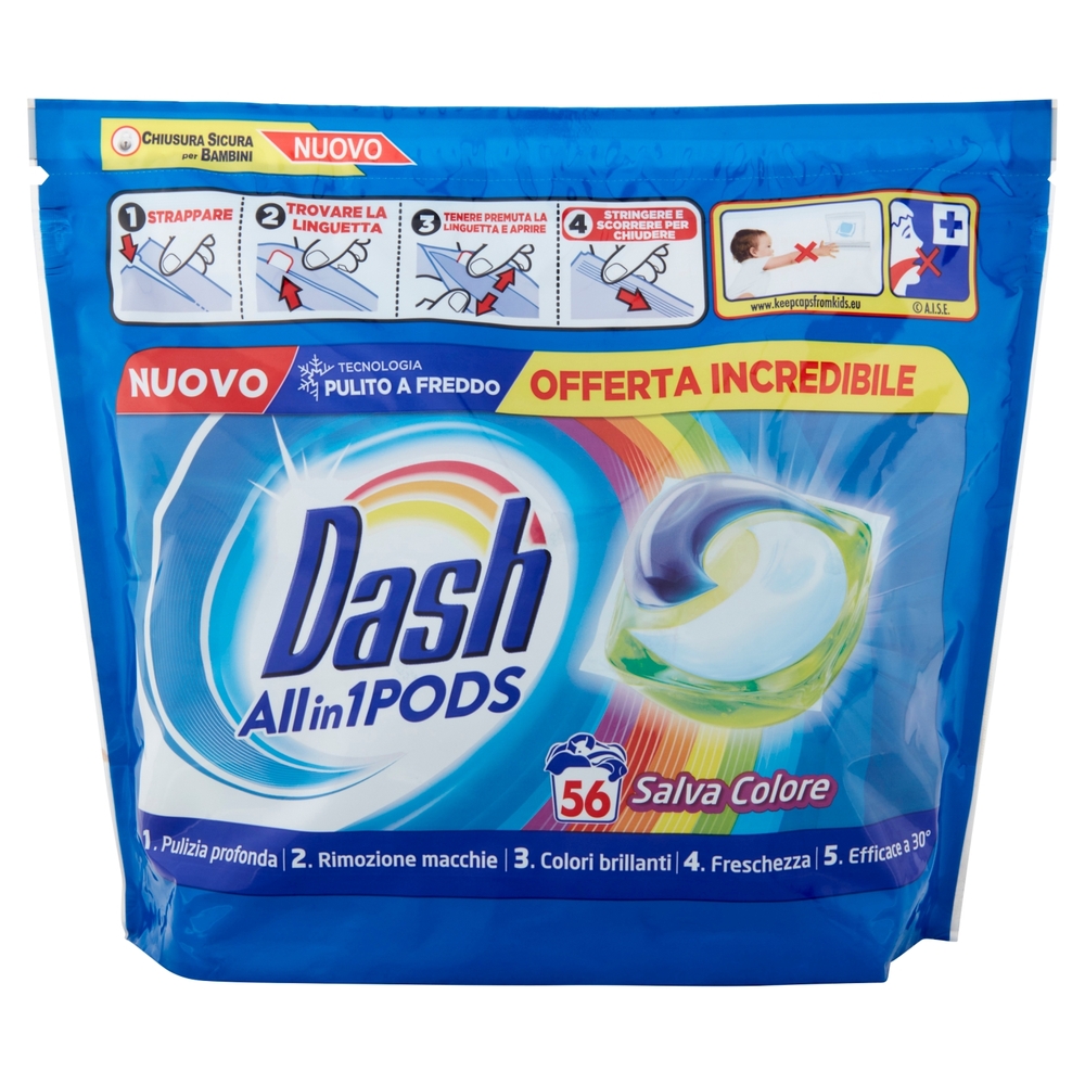 Dash PODS Allin1 Detersivo Lavatrice in Capsule per Bucato Salva Colore 56 Lavaggi 1332,8 g